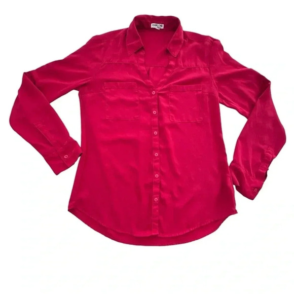 Express Women's Shirt Portofino Button Up Red V-Neck Long Sleeve Blouse Small - Picture 1 of 9